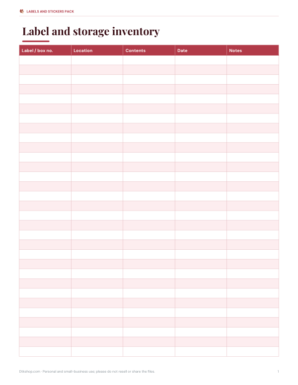 Preview of Printable Label Inventory Sheet